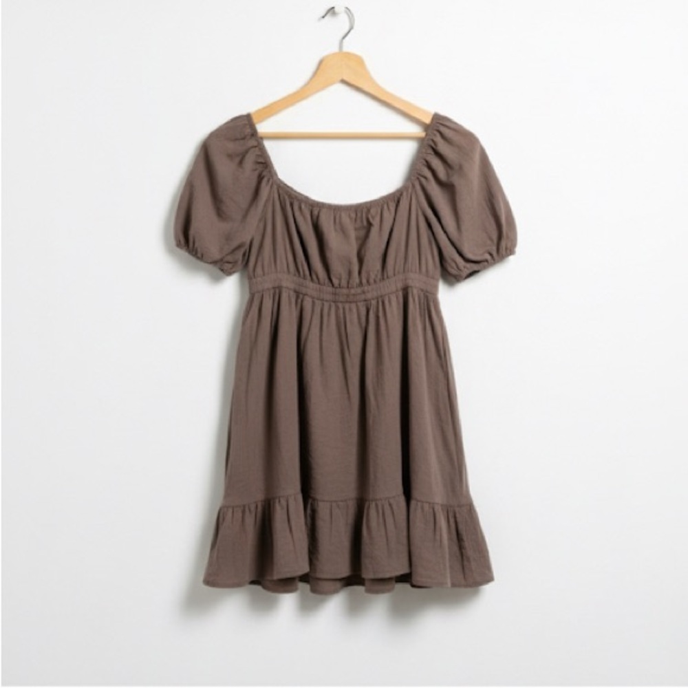 Hesperus Brown Gauze Puff Sleeve Cotton Mini Dress in Brown